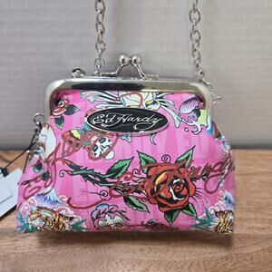 ED HARDY Roaring Tiger Kiss Lock Mini Chain Shoulder Purse Charm‎ Bag Pink NWT
